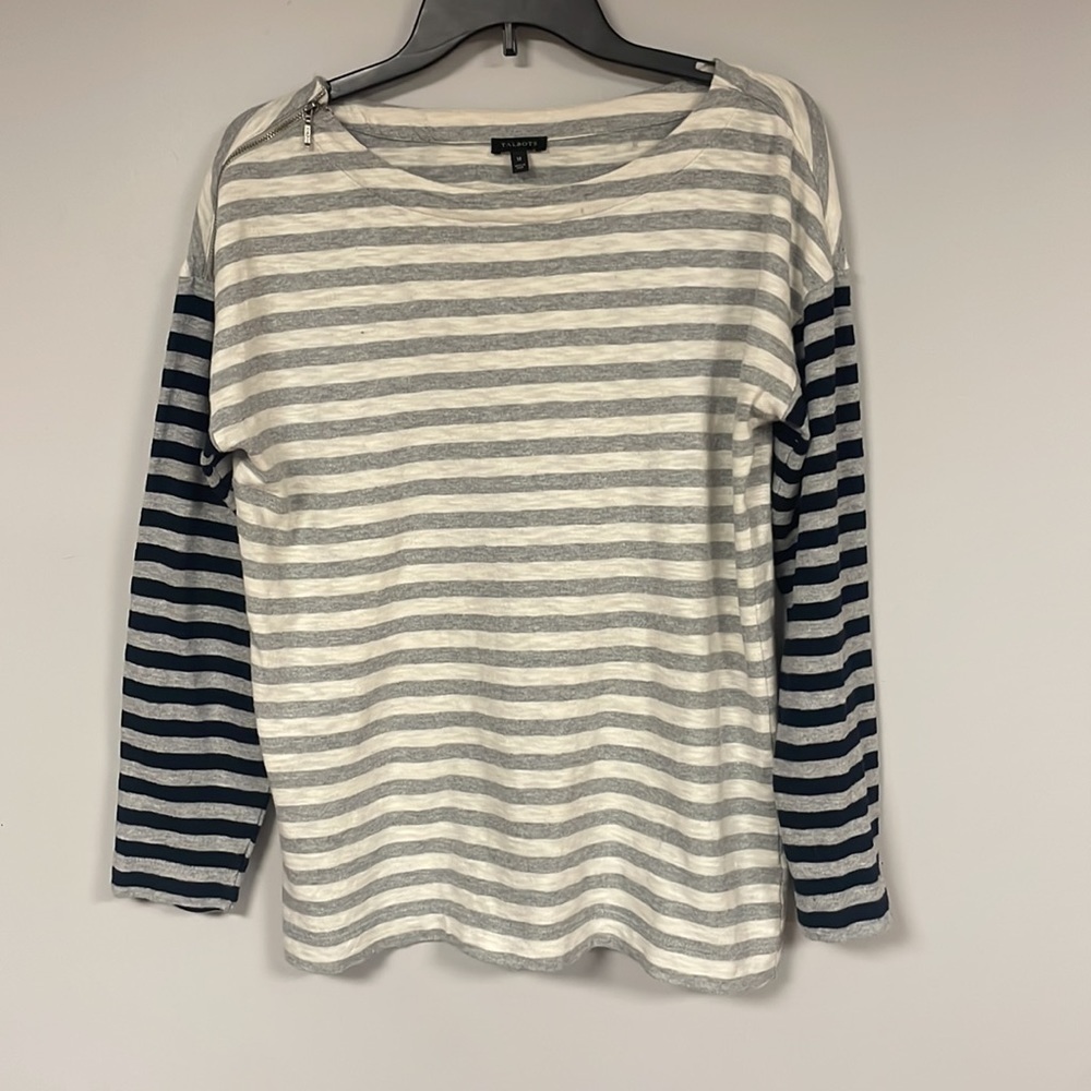 Talbots black cream gray stripe long sleeve soft knit tee shirt top, M, zipper